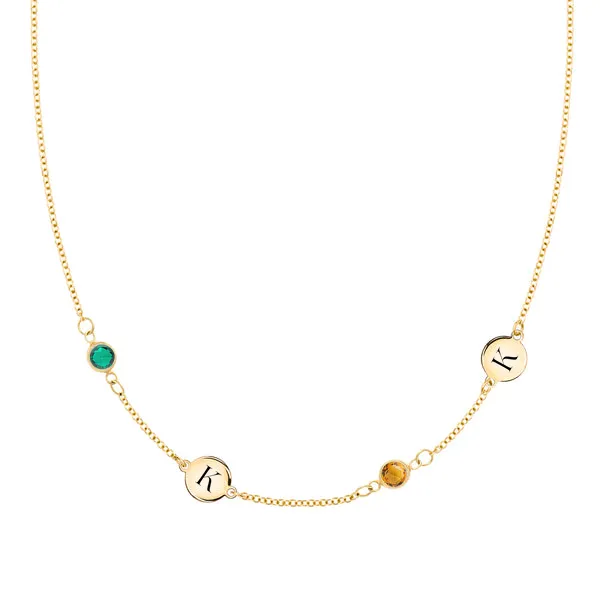 Personalized Classic 2 Letter & 2 Birthstone Necklace in 14k Gold (Double Spacing) sold by Haverhill