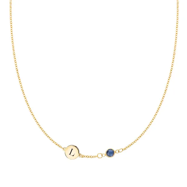 Personalized Classic 1 Letter & 1 Birthstone Necklace in 14k Gold (Single Spacing) sold by Haverhill
