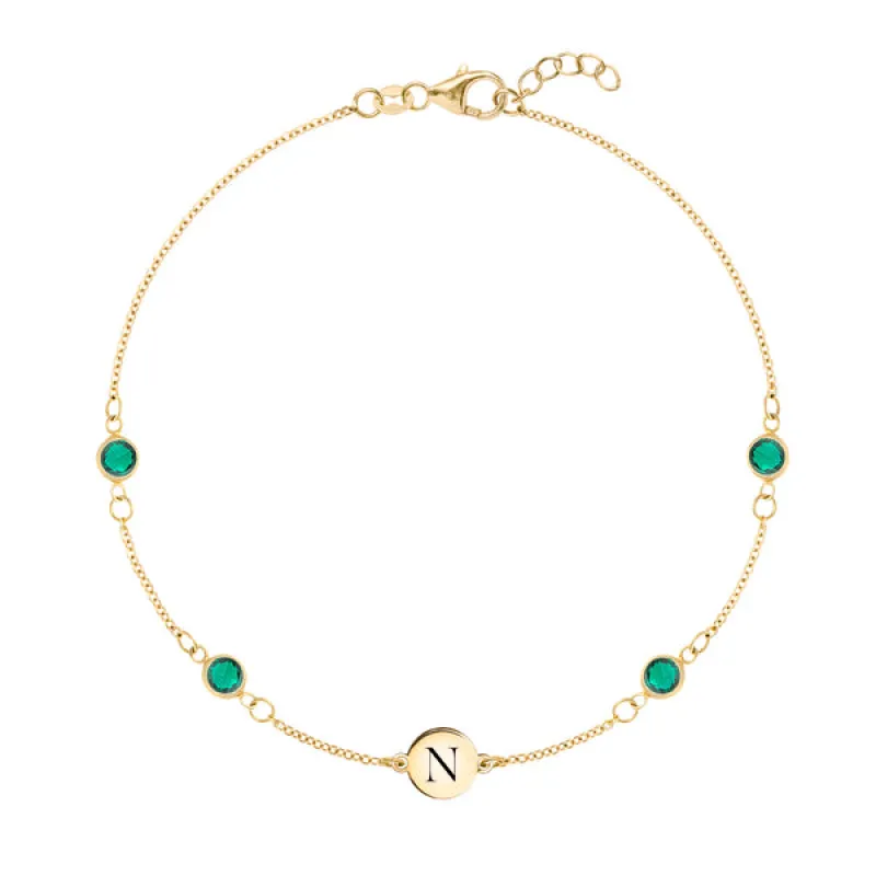 Personalized Classic 1 Letter & 4 Emerald Bracelet in 14k Gold (May) sold by Haverhill