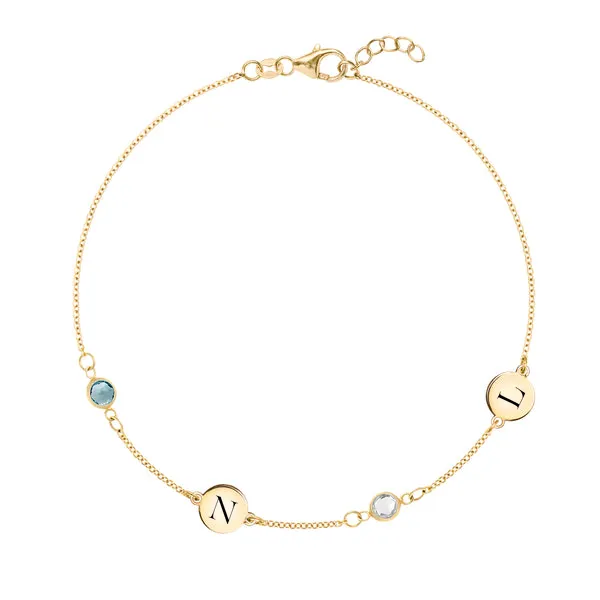 Personalized Classic 2 Letter & 2 Birthstone Bracelet in 14k Gold sold by Haverhill