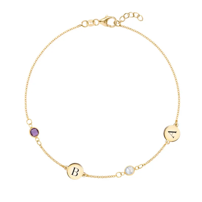 Personalized Classic 2 Letter & 2 Birthstone Bracelet in 14k Gold sold by Haverhill