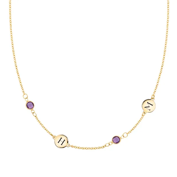 Personalized Classic 2 Letter & 2 Birthstone Necklace in 14k Gold (Double Spacing) sold by Haverhill