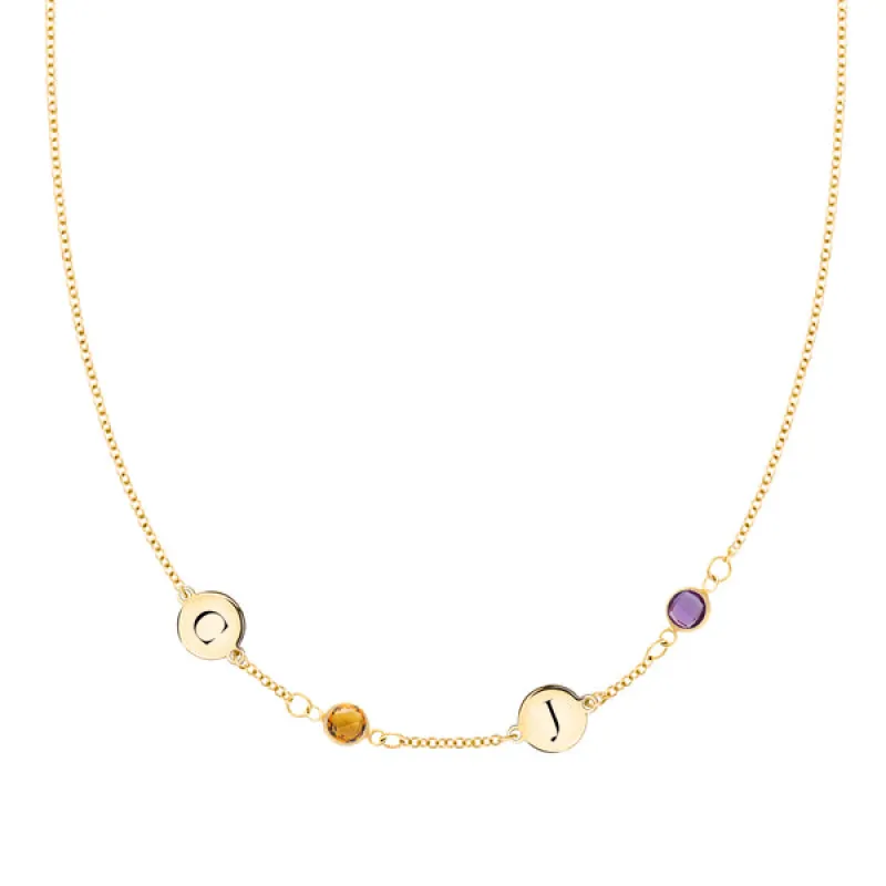 Personalized Classic 2 Letter & 2 Birthstone Necklace in 14k Gold (Single Spacing) sold by Haverhill