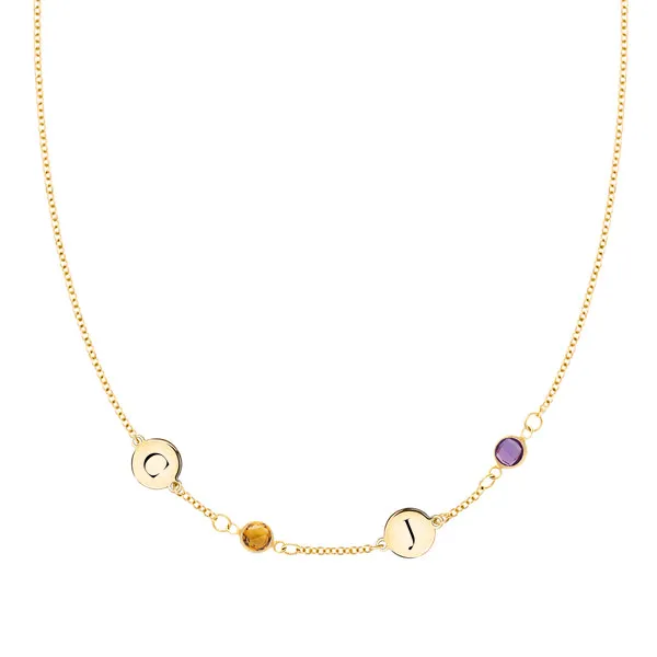 Personalized Classic 2 Letter & 2 Birthstone Necklace in 14k Gold (Single Spacing) sold by Haverhill