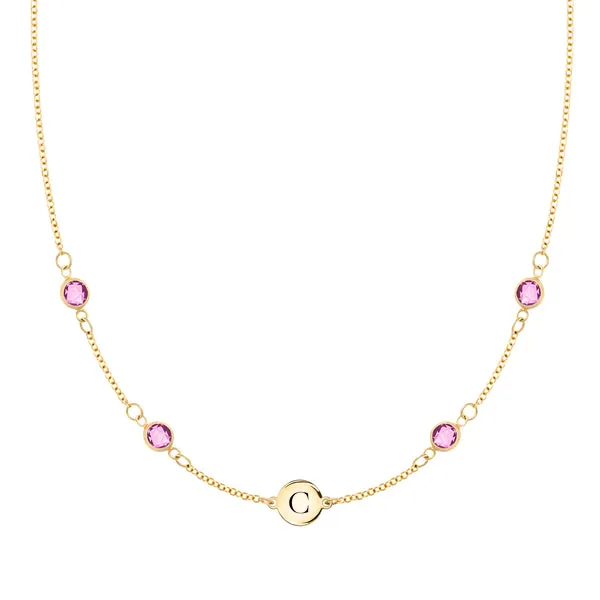 Personalized Classic 1 Letter & 4 Pink Sapphire Necklace in 14k Gold (October) sold by Haverhill