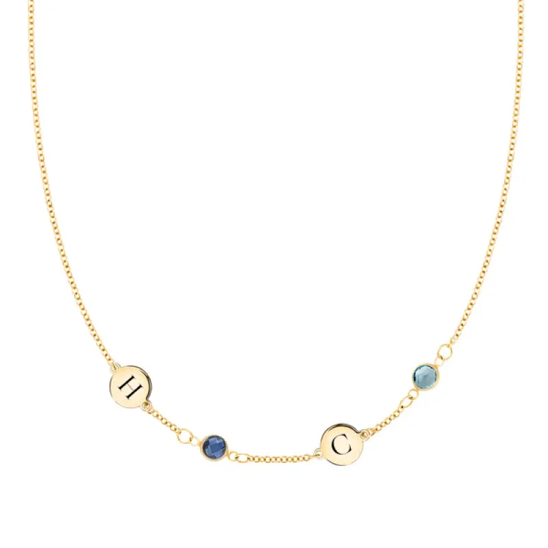 Personalized Classic 2 Letter & 2 Birthstone Necklace in 14k Gold (Single Spacing) sold by Haverhill
