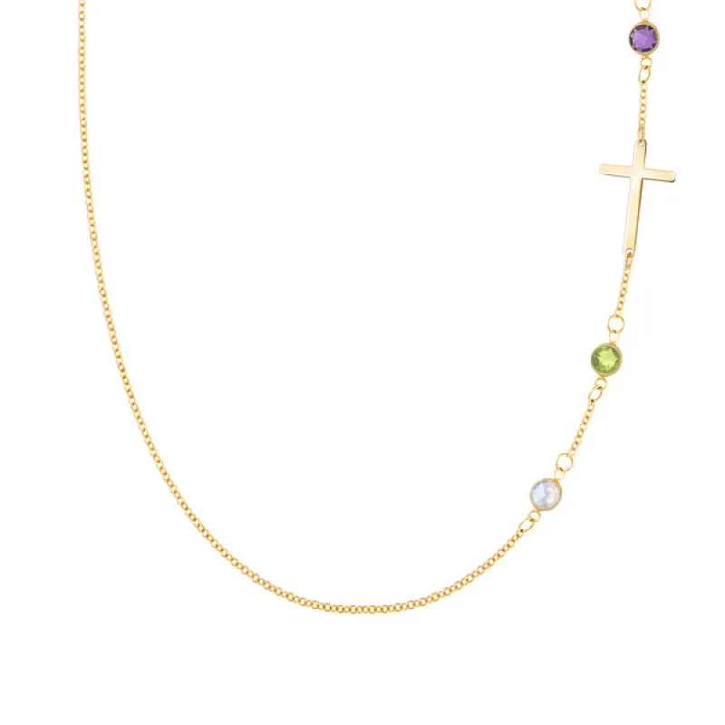 Personalized Classic Cross & 3 Birthstone Necklace in 14k Gold sold by Haverhill