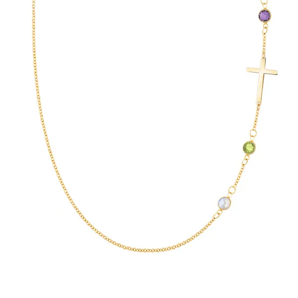 Personalized Classic Cross & 3 Birthstone Necklace in 14k Gold sold by Haverhill