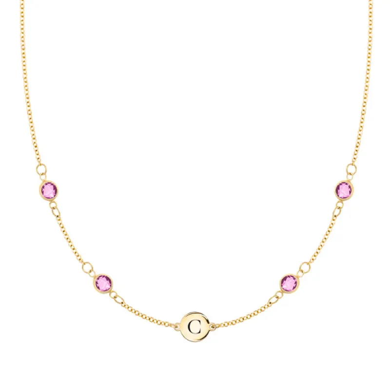 Personalized Classic 1 Letter & 4 Pink Sapphire Necklace in 14k Gold (October) sold by Haverhill