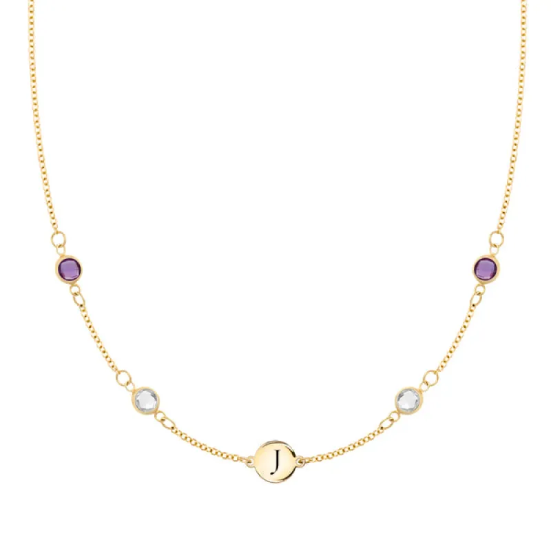 Personalized Classic 1 Letter & 4 Birthstone Necklace in 14k Gold (Double Spacing) sold by Haverhill