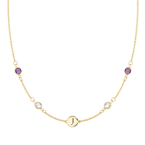 Personalized Classic 1 Letter & 4 Birthstone Necklace in 14k Gold (Double Spacing) sold by Haverhill