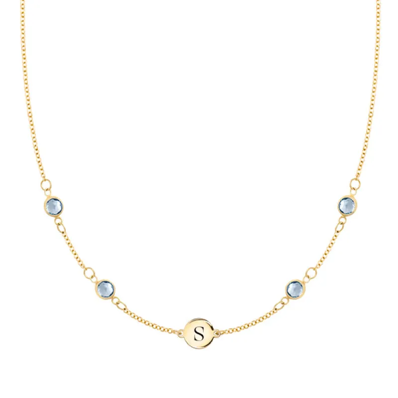 Personalized Classic 1 Letter & 4 Aquamarine Necklace in 14k Gold (March) sold by Haverhill