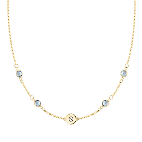 Personalized Classic 1 Letter & 4 Aquamarine Necklace in 14k Gold (March) sold by Haverhill