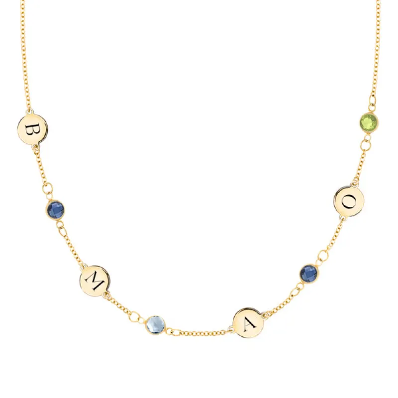 Personalized Classic 4 Letter & 4 Birthstone Necklace in 14k Gold (Single Spacing) sold by Haverhill
