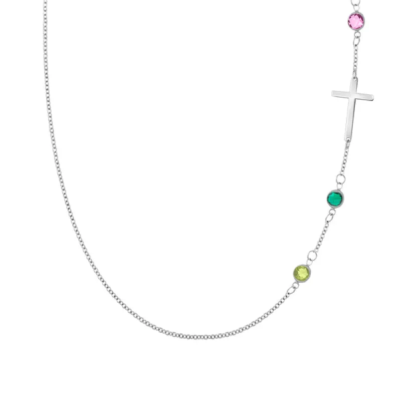 Personalized Classic Cross & 3 Birthstone Necklace in 14k Gold sold by Haverhill
