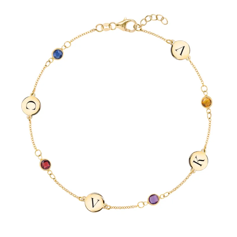 Personalized Classic 4 Letter & 4 Birthstone Bracelet in 14k Gold sold by Haverhill