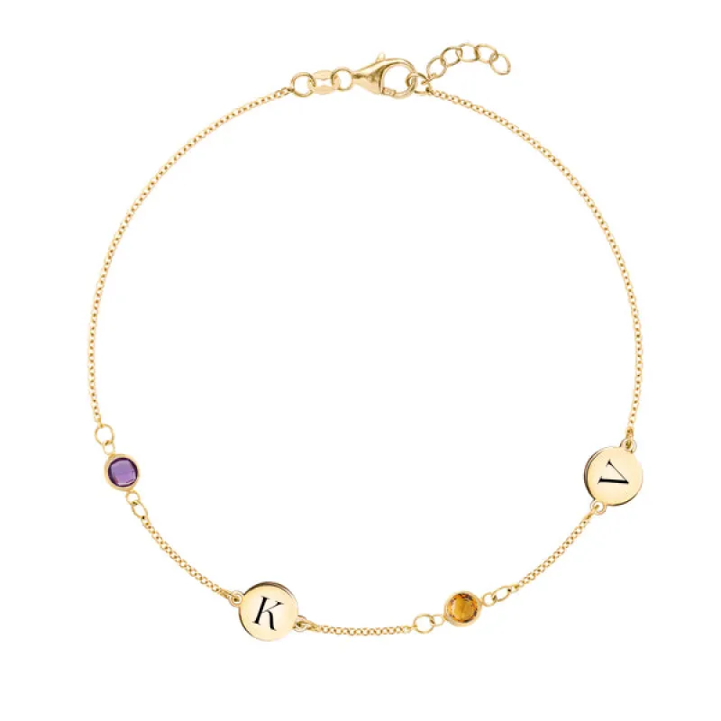 Personalized Classic 2 Letter & 2 Birthstone Bracelet in 14k Gold sold by Haverhill