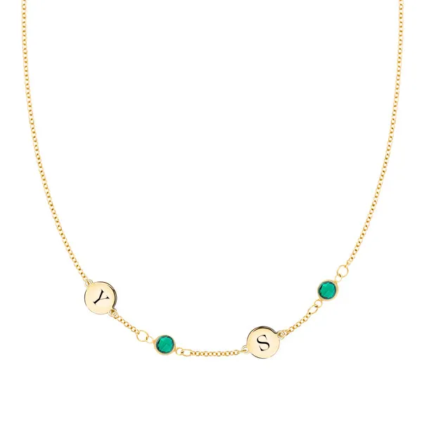 Personalized Classic 2 Letter & 2 Birthstone Necklace in 14k Gold (Single Spacing) sold by Haverhill