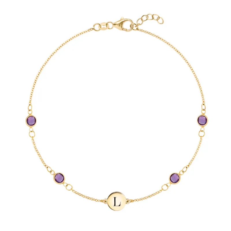 Personalized Classic 1 Letter & 4 Amethyst Bracelet in 14k Gold (February) made by Haverhill