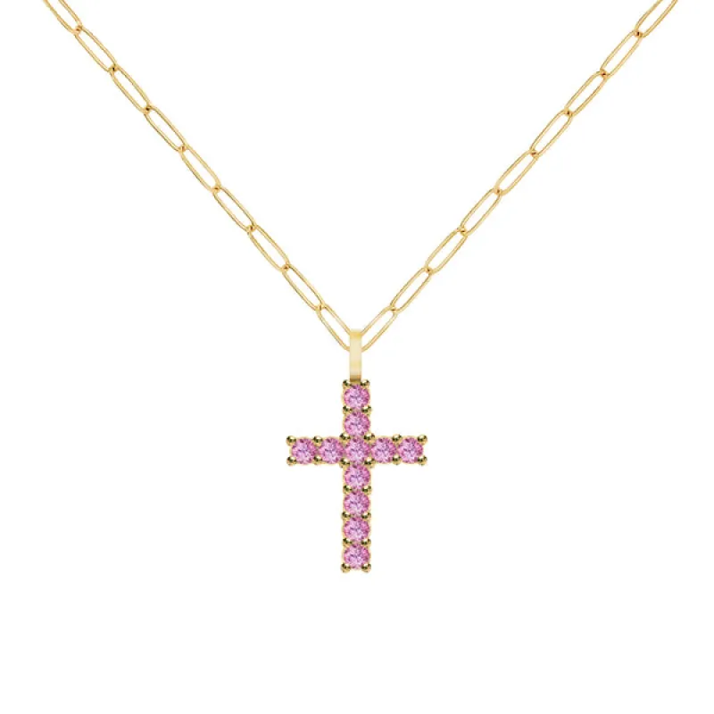Rosecliff Cross Pink Sapphire Pendant in 14k Gold (October) sold by Haverhill