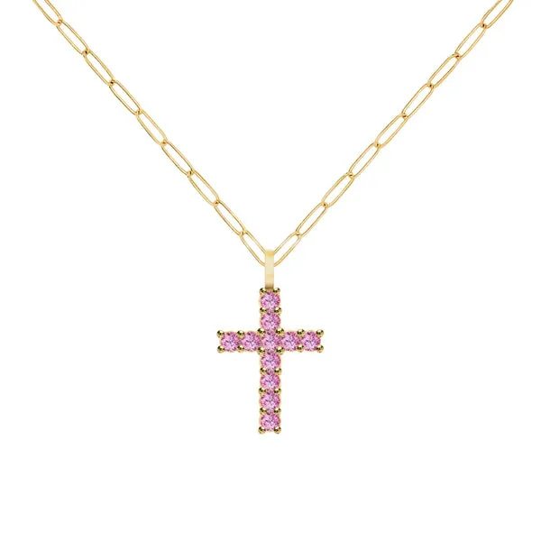 Rosecliff Cross Pink Sapphire Pendant in 14k Gold (October) sold by Haverhill