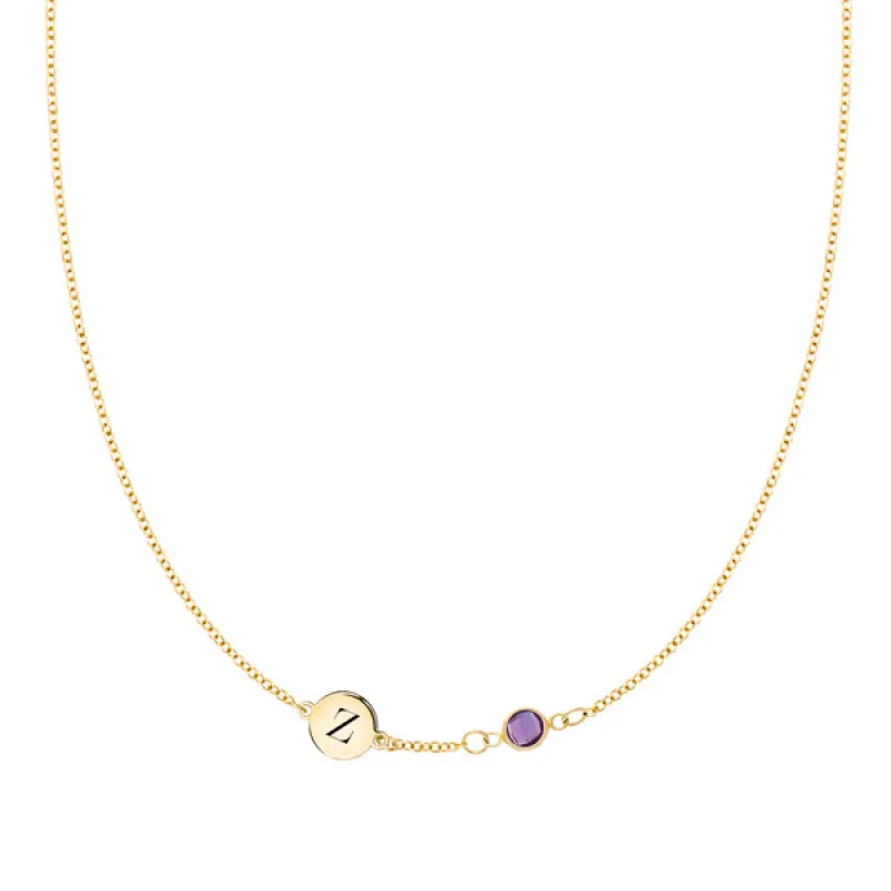 Personalized Classic 1 Letter & 1 Birthstone Necklace in 14k Gold (Single Spacing) sold by Haverhill