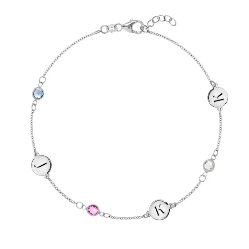 Personalized Classic 3 Letter & 3 Birthstone Bracelet in 14k Gold sold by Haverhill