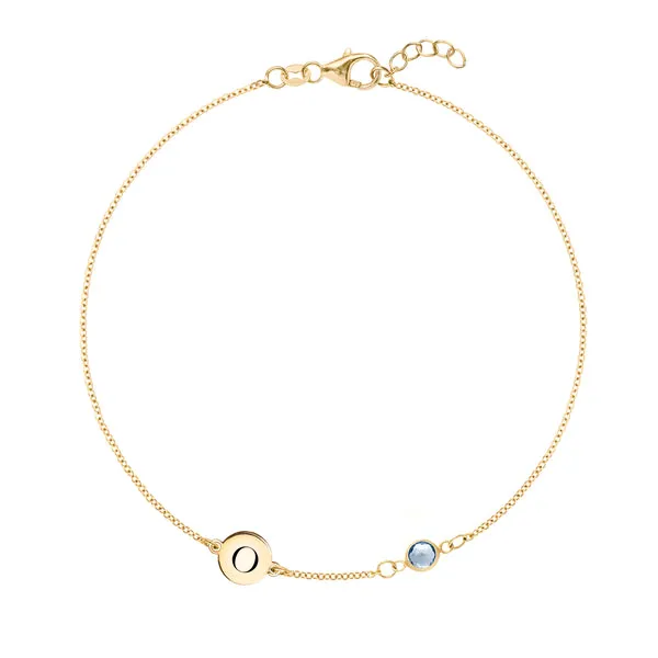 Personalized Classic 1 Letter & 1 Aquamarine Bracelet in 14k Gold (March) sold by Haverhill