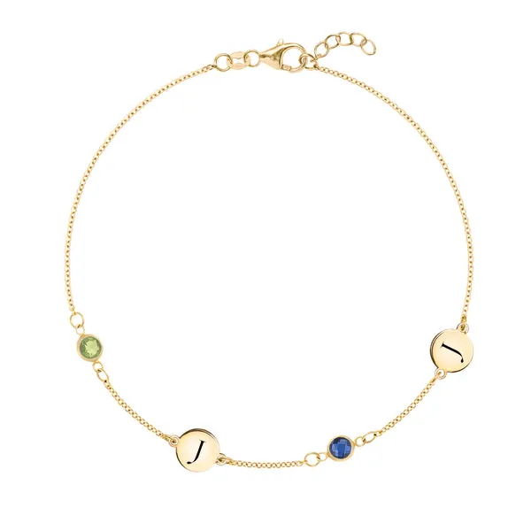 Personalized Classic 2 Letter & 2 Birthstone Bracelet in 14k Gold sold by Haverhill