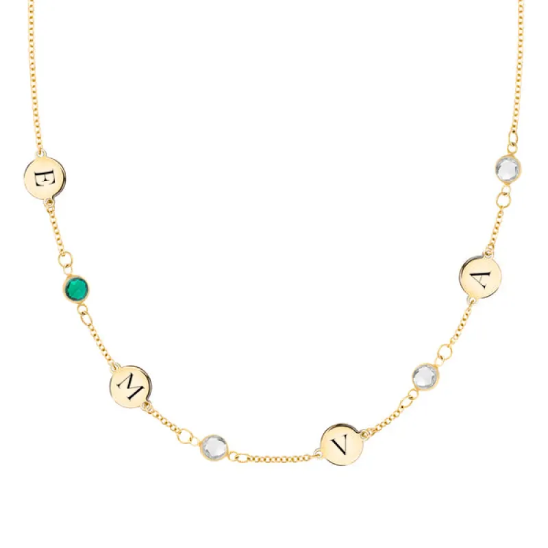 Personalized Classic 4 Letter & 4 Birthstone Necklace in 14k Gold (Single Spacing) sold by Haverhill