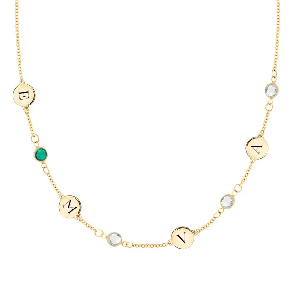 Personalized Classic 4 Letter & 4 Birthstone Necklace in 14k Gold (Single Spacing) sold by Haverhill