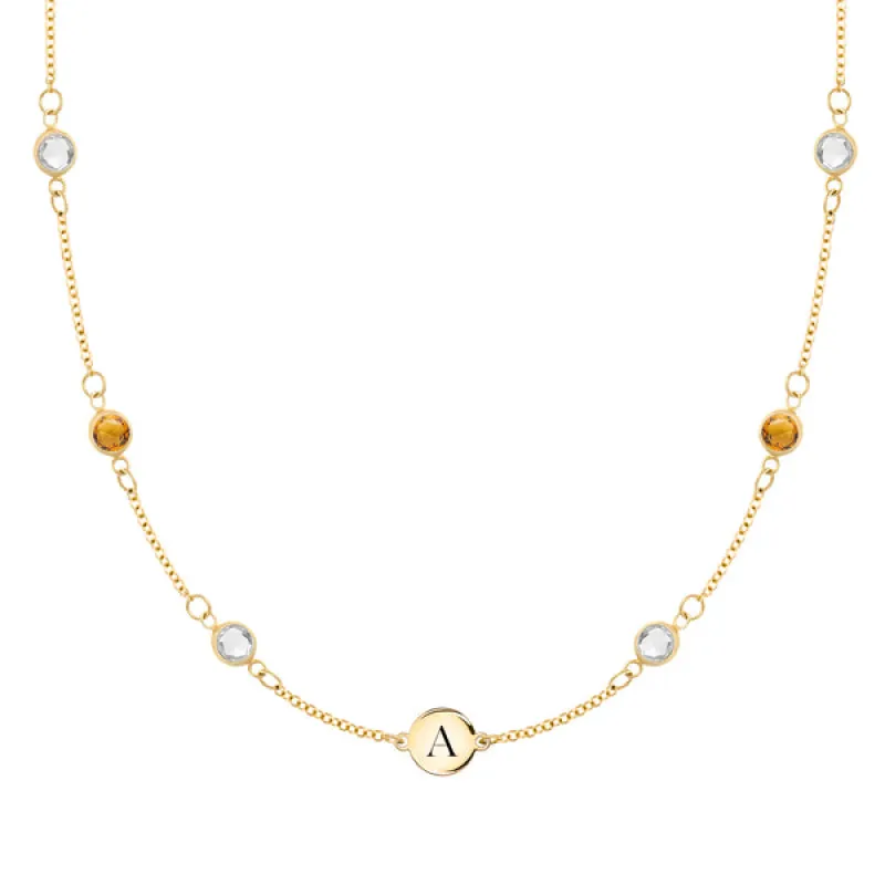 Personalized Classic 1 Letter & 6 Birthstone Necklace in 14k Gold (Double Spacing) sold by Haverhill