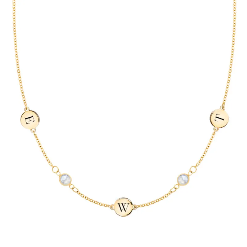 Personalized Classic 3 Letter & 2 Birthstone Necklace in 14k Gold (Double Spacing) sold by Haverhill