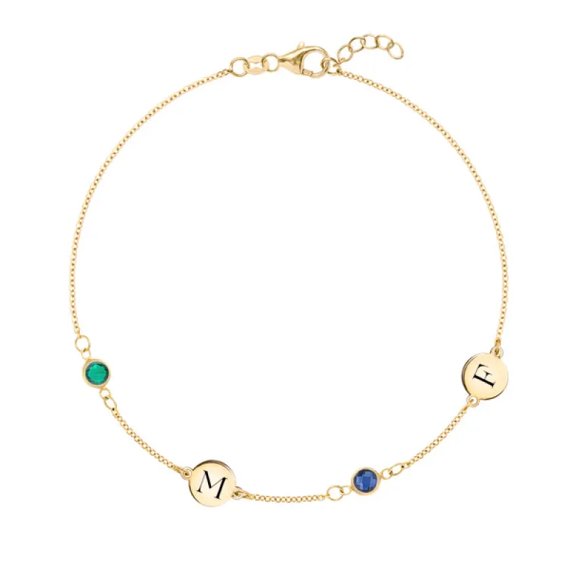 Personalized Classic 2 Letter & 2 Birthstone Bracelet in 14k Gold sold by Haverhill
