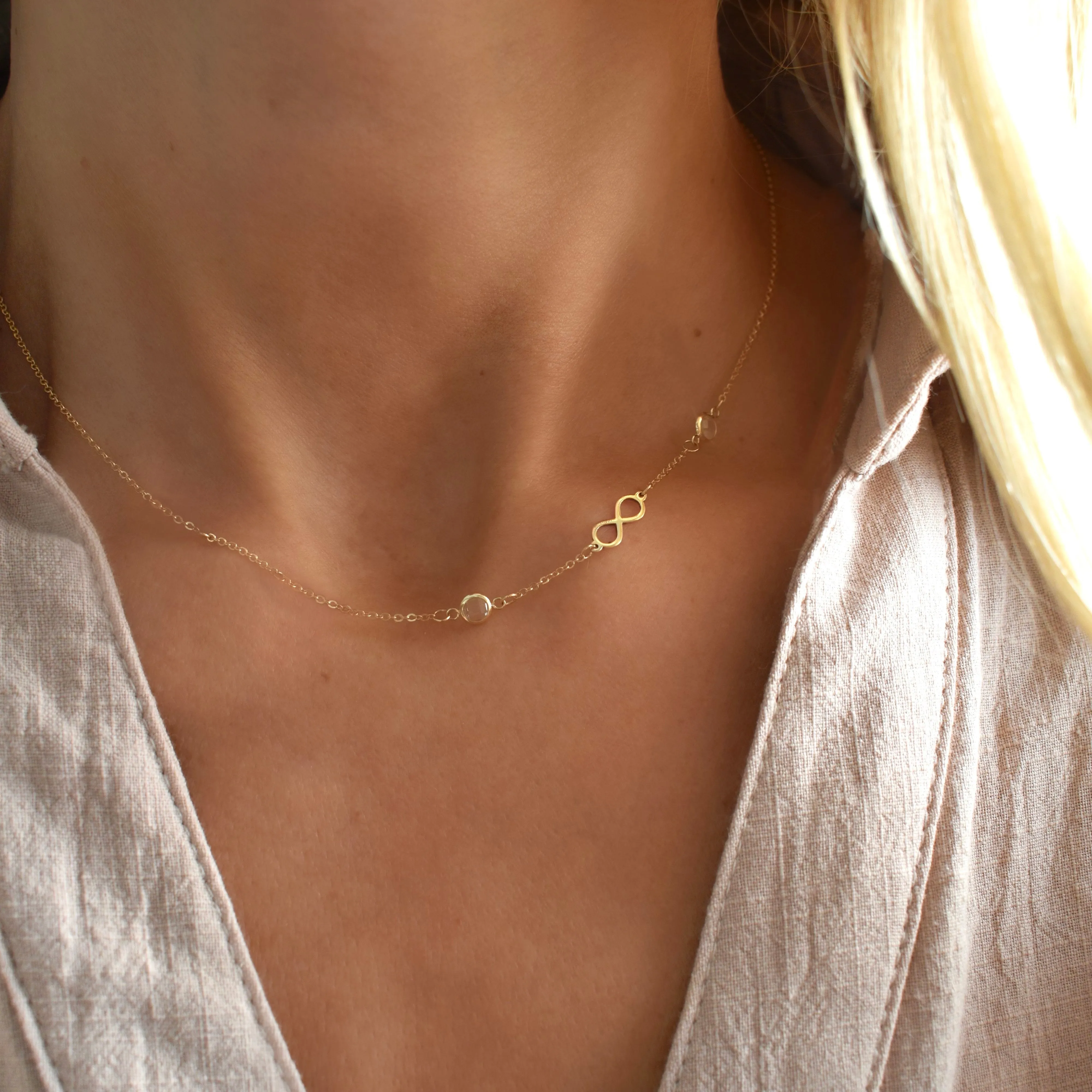 Personalized Classic Infinity & 2 Birthstone Necklace in 14k Gold sold by Haverhill product image thumbnail 3