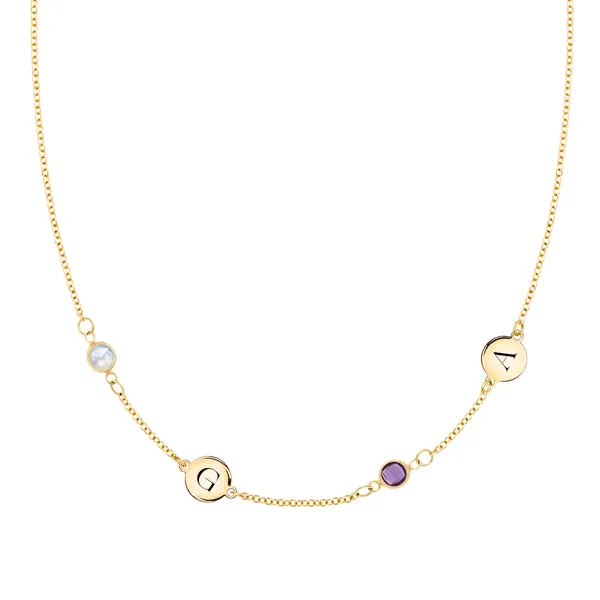 Personalized Classic 2 Letter & 2 Birthstone Necklace in 14k Gold (Double Spacing) sold by Haverhill