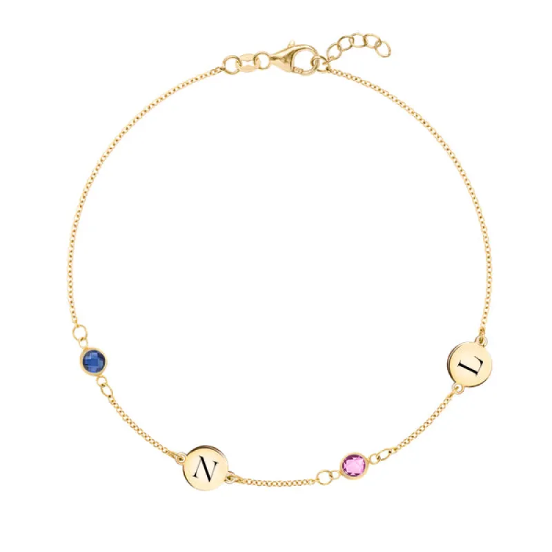 Personalized Classic 2 Letter & 2 Birthstone Bracelet in 14k Gold sold by Haverhill