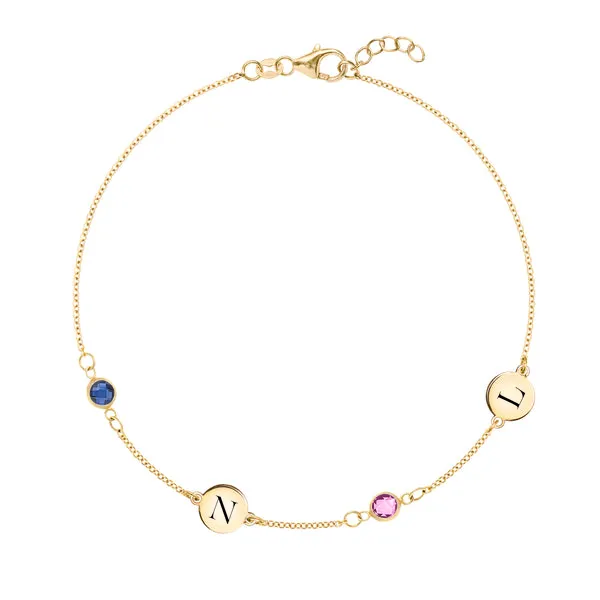 Personalized Classic 2 Letter & 2 Birthstone Bracelet in 14k Gold sold by Haverhill