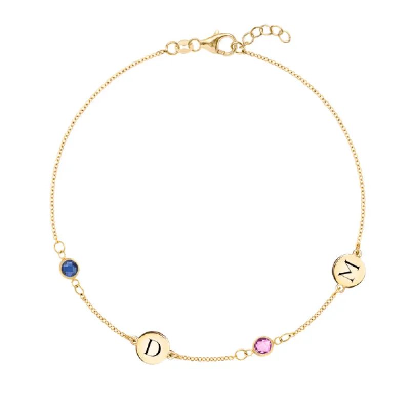 Personalized Classic 2 Letter & 2 Birthstone Bracelet in 14k Gold sold by Haverhill