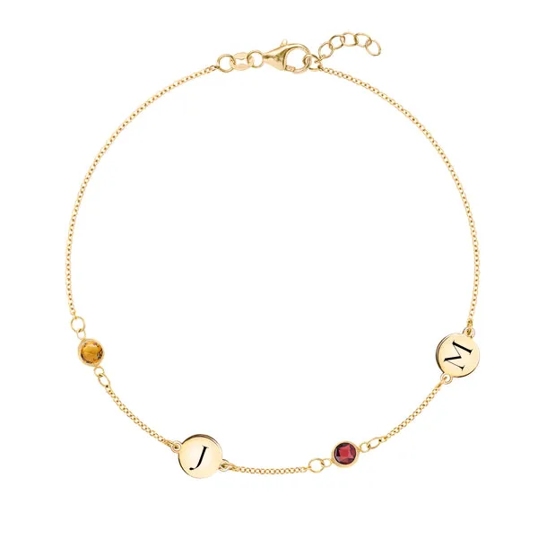 Personalized Classic 2 Letter & 2 Birthstone Bracelet in 14k Gold sold by Haverhill