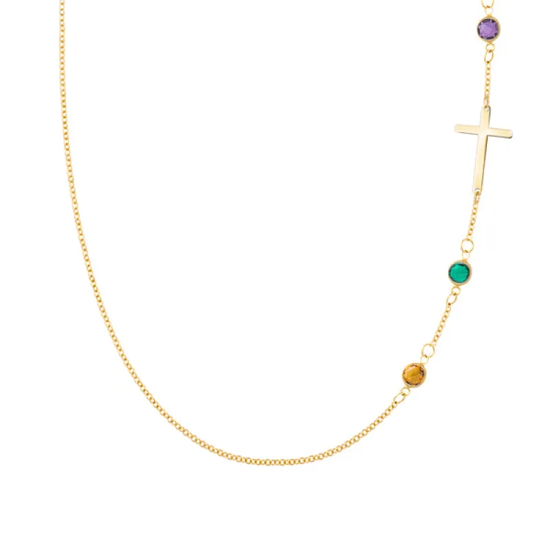 Personalized Classic Cross & 3 Birthstone Necklace in 14k Gold sold by Haverhill