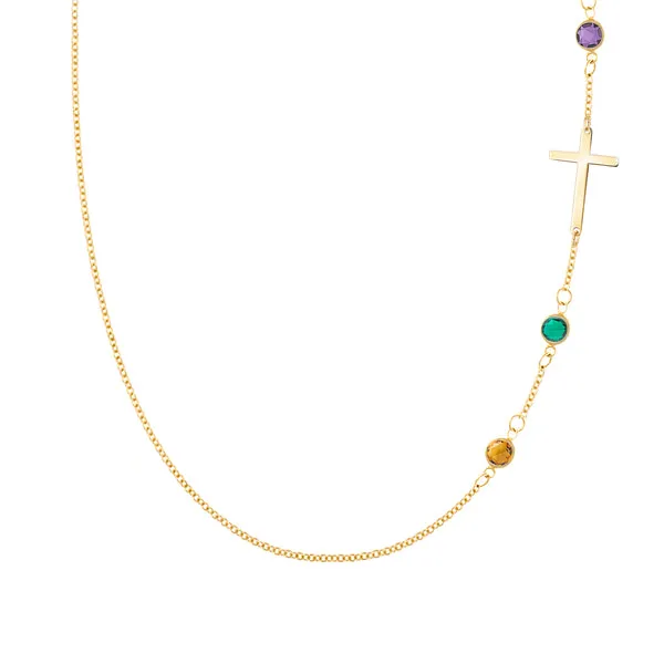 Personalized Classic Cross & 3 Birthstone Necklace in 14k Gold sold by Haverhill