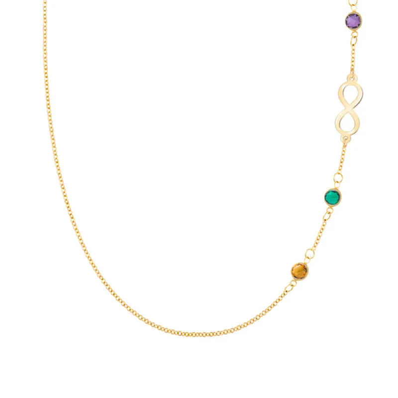 Personalized Classic Infinity & 3 Birthstone Necklace in 14k Gold sold by Haverhill