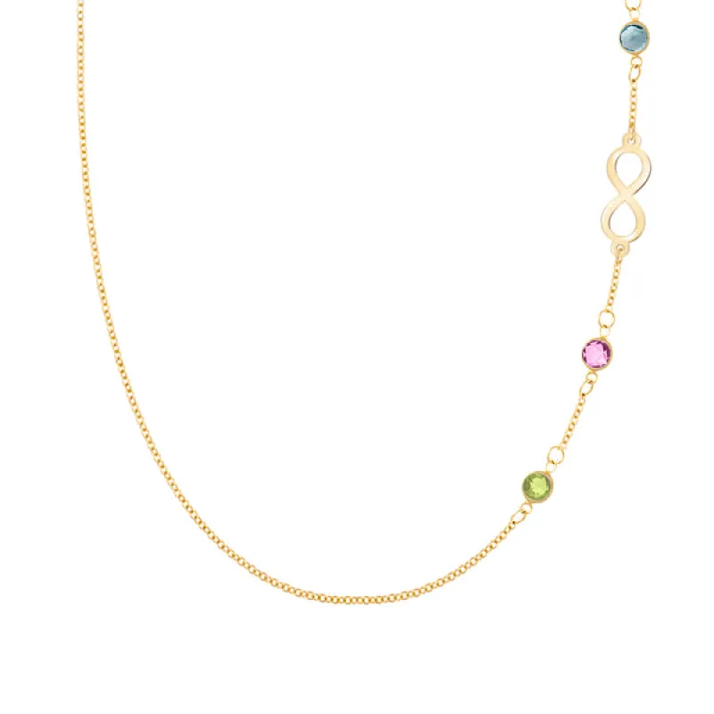 Personalized Classic Infinity & 3 Birthstone Necklace in 14k Gold sold by Haverhill