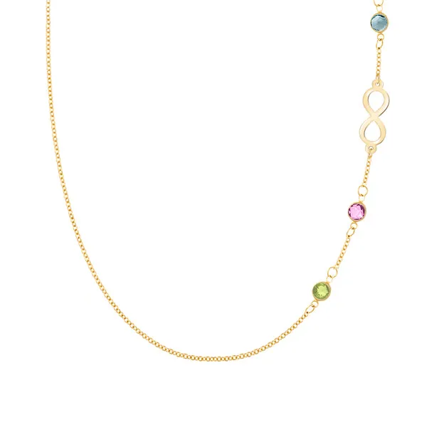 Personalized Classic Infinity & 3 Birthstone Necklace in 14k Gold sold by Haverhill
