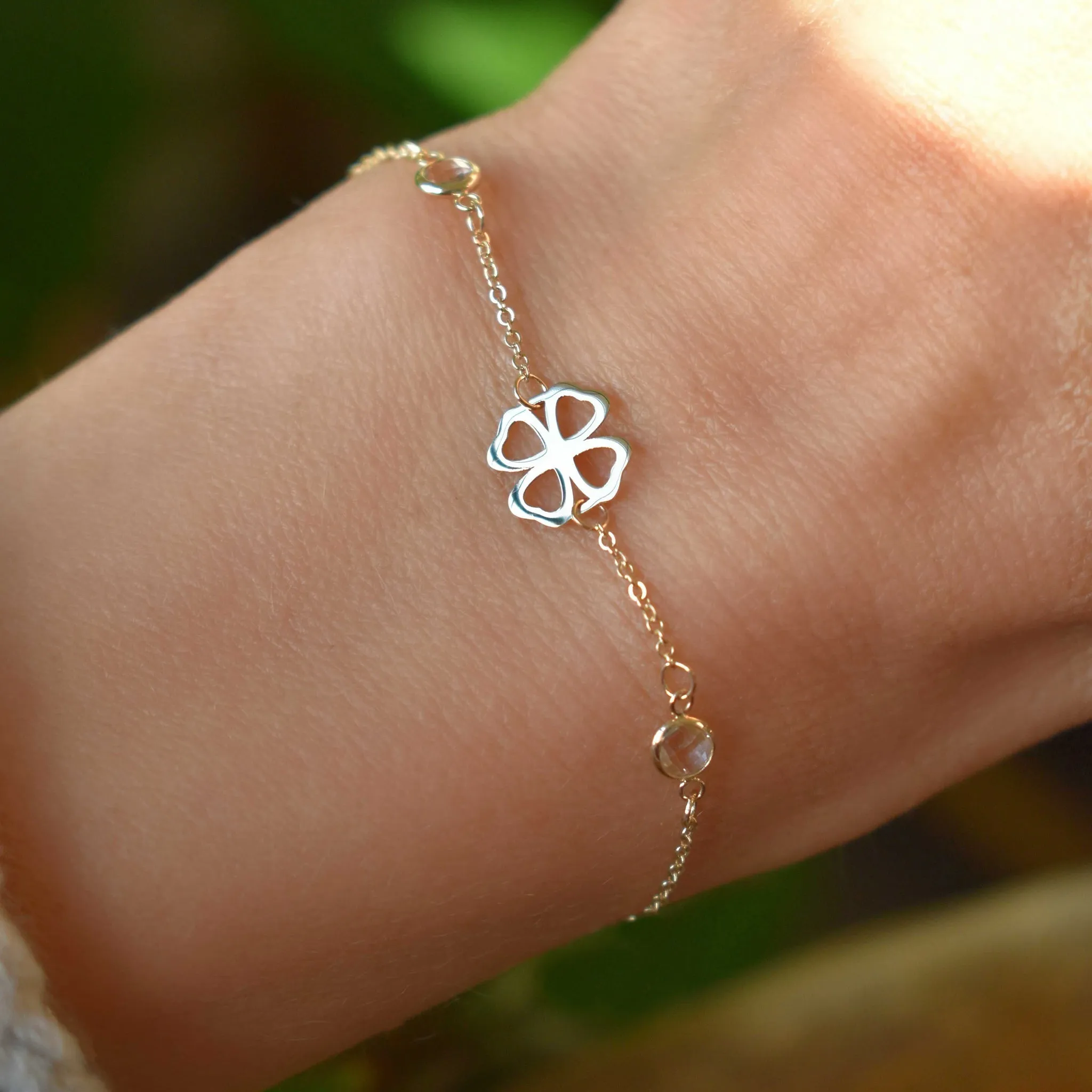 Personalized Classic Clover & 4 Birthstone Bracelet in 14k Gold sold by Haverhill product image thumbnail 3