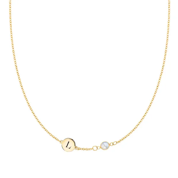 Personalized Classic 1 Letter & 1 Birthstone Necklace in 14k Gold (Single Spacing) sold by Haverhill