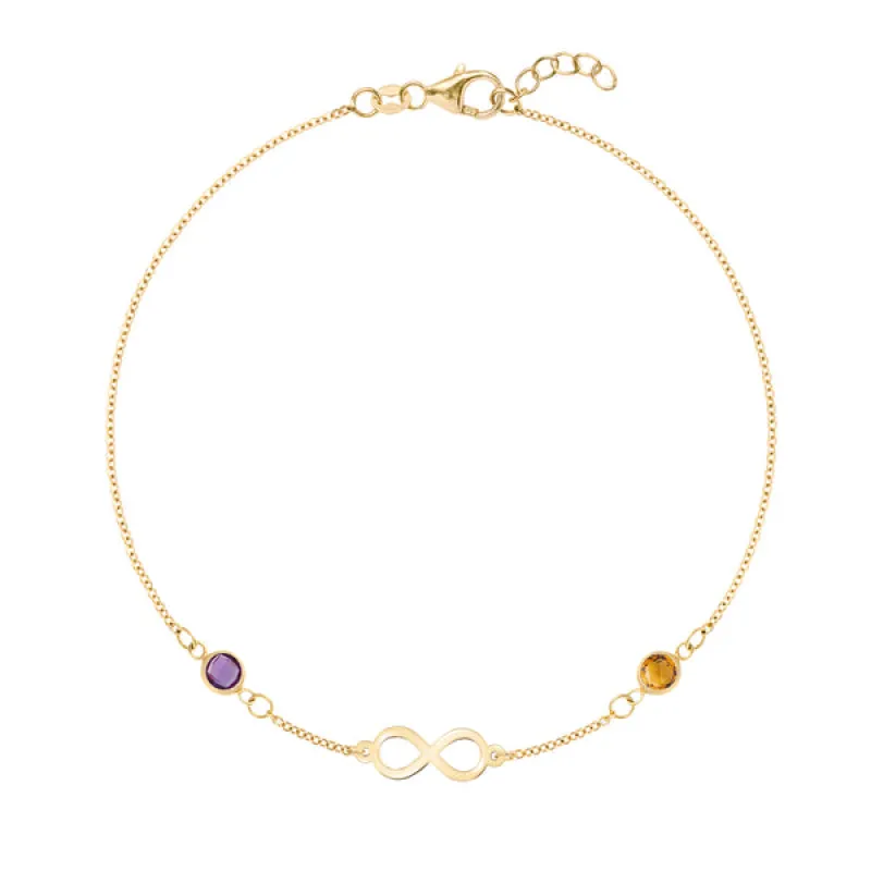 Personalized Classic Infinity & 2 Birthstone Bracelet in 14k Gold sold by Haverhill