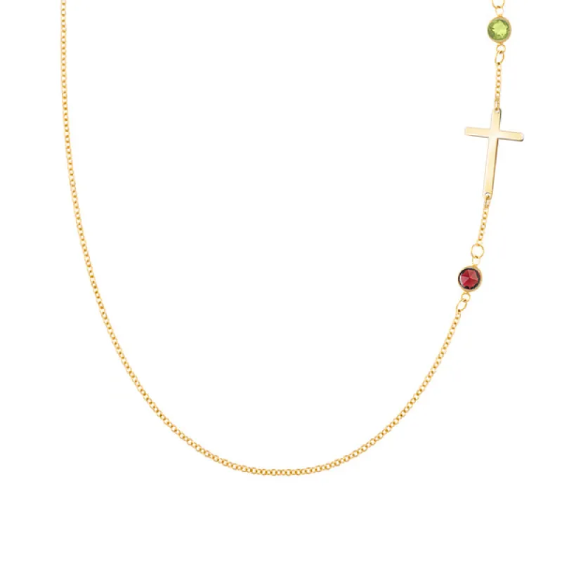 Personalized Classic Cross & 2 Birthstone Necklace in 14k Gold sold by Haverhill