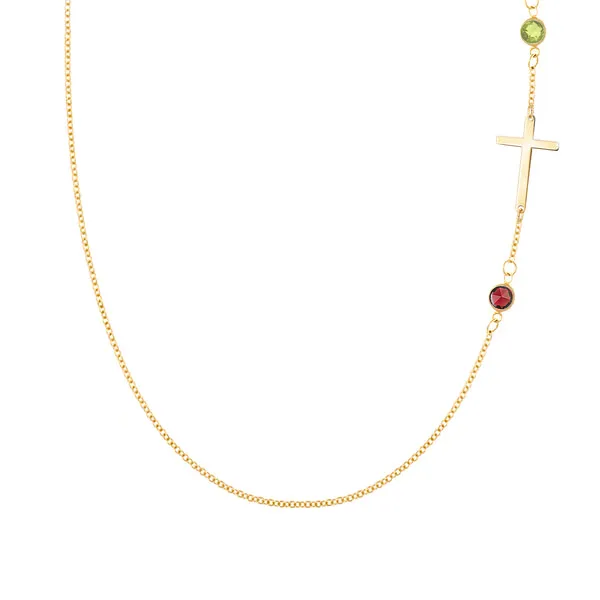 Personalized Classic Cross & 2 Birthstone Necklace in 14k Gold sold by Haverhill